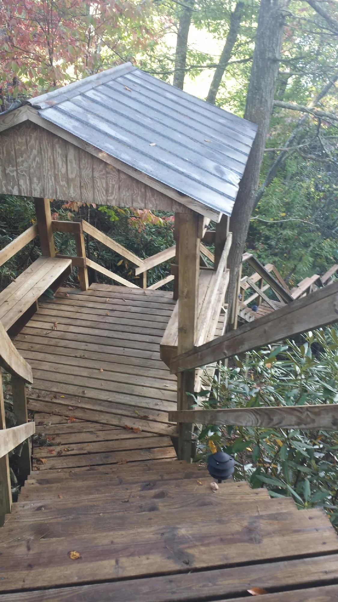 Metal roofed shelter over wooden steps on a wooded walkway — Skylight Repair & Installation work by our crew in South Byron